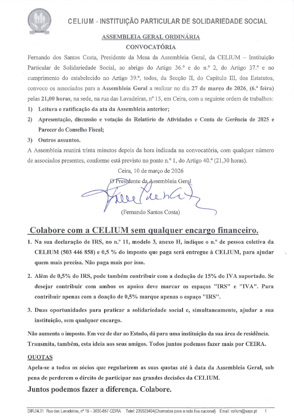 Assembleia Geral Ordinária da CELIUM - IPSS